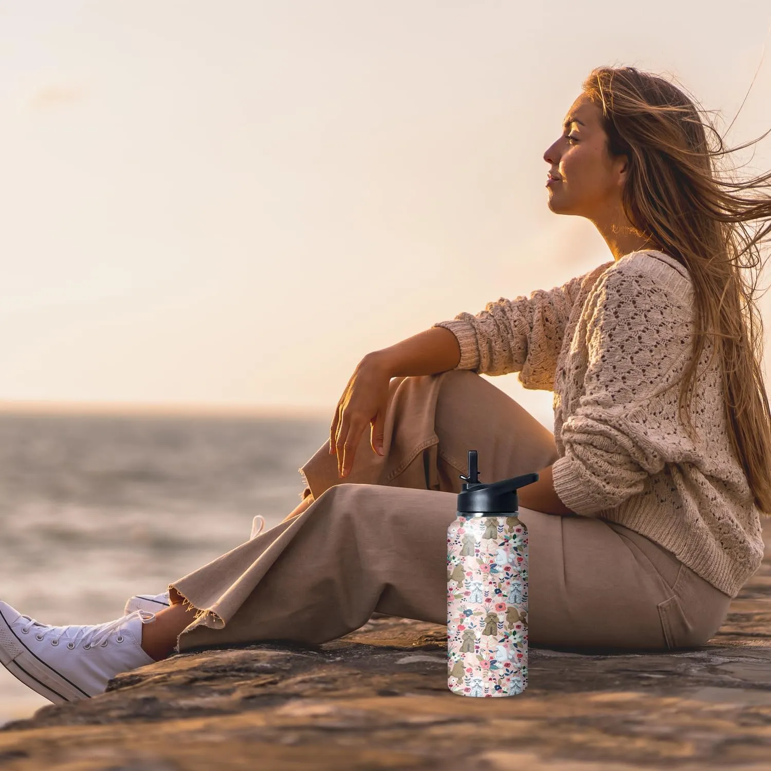 32 oz Poodle Water Bottle Cute Dog Tumbler Poodle Gifts Insulated Water Bottle with Straws and Flip Lid Stainless Steel Dog Travel Cup
