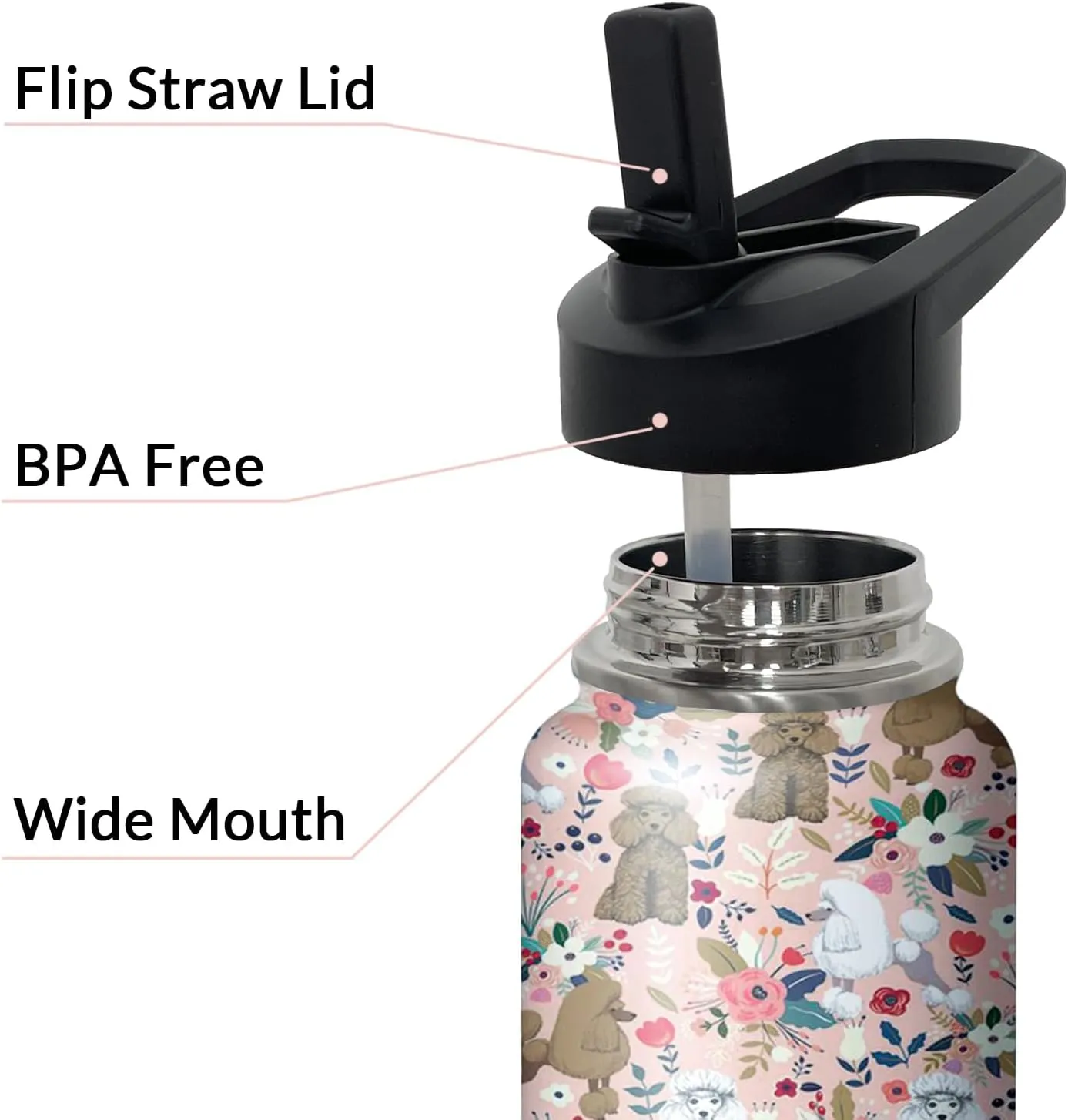 32 oz Poodle Water Bottle Cute Dog Tumbler Poodle Gifts Insulated Water Bottle with Straws and Flip Lid Stainless Steel Dog Travel Cup