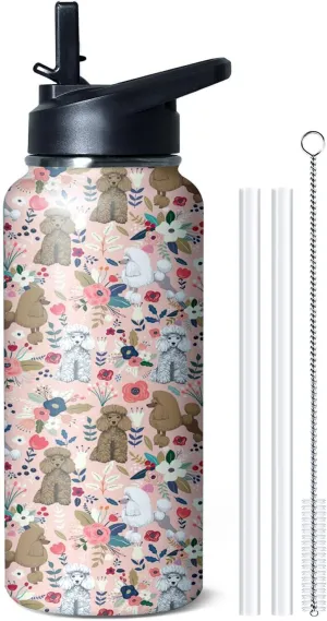 32 oz Poodle Water Bottle Cute Dog Tumbler Poodle Gifts Insulated Water Bottle with Straws and Flip Lid Stainless Steel Dog Travel Cup