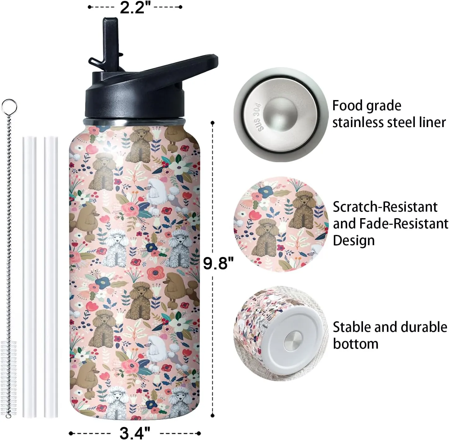 32 oz Poodle Water Bottle Cute Dog Tumbler Poodle Gifts Insulated Water Bottle with Straws and Flip Lid Stainless Steel Dog Travel Cup