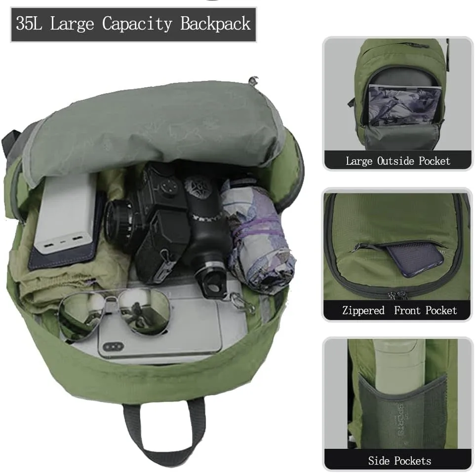 35L Hiking Backpack Ultralight Lightweight Packable Foldable Water Resistant Travel Camping Outdoor Daypack (Green)