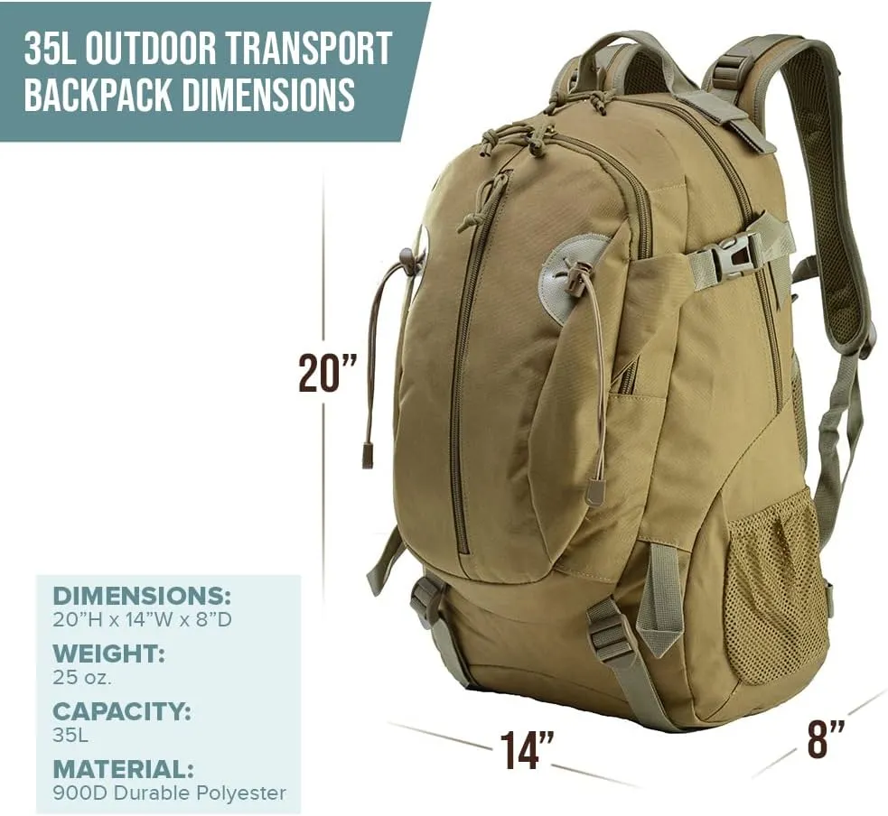 35L Outdoor Transport Backpack for Camping Hiking Daypack Trekking Traveling and Survival Gear for both Men & Women (Tan)