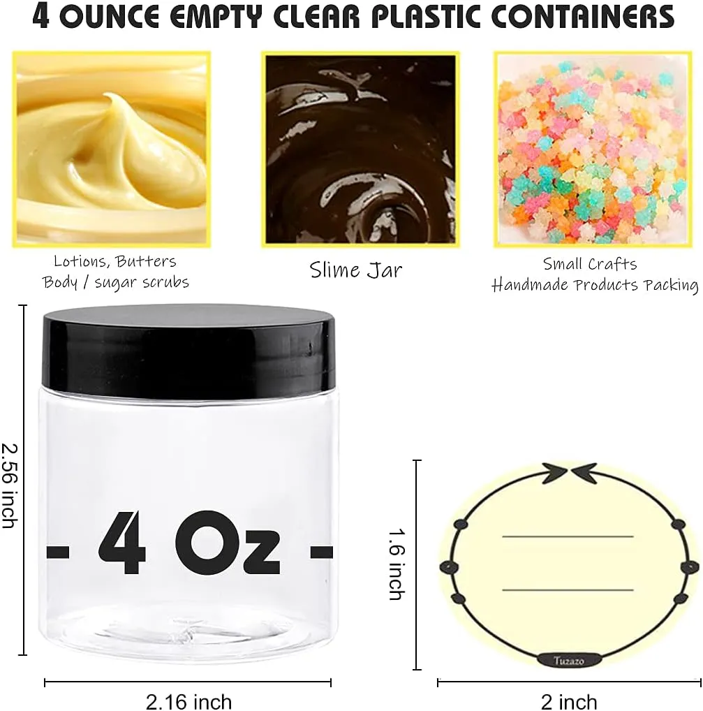 36 Pack 4 Oz Plastic Container Jars with Lids and Labels BPA Free, TUZAZO Empty Round Clear Cosmetic Containers Plastic Slime Jars for Lotion, Cream, Ointments, Body Butter, Travel Storage (36)