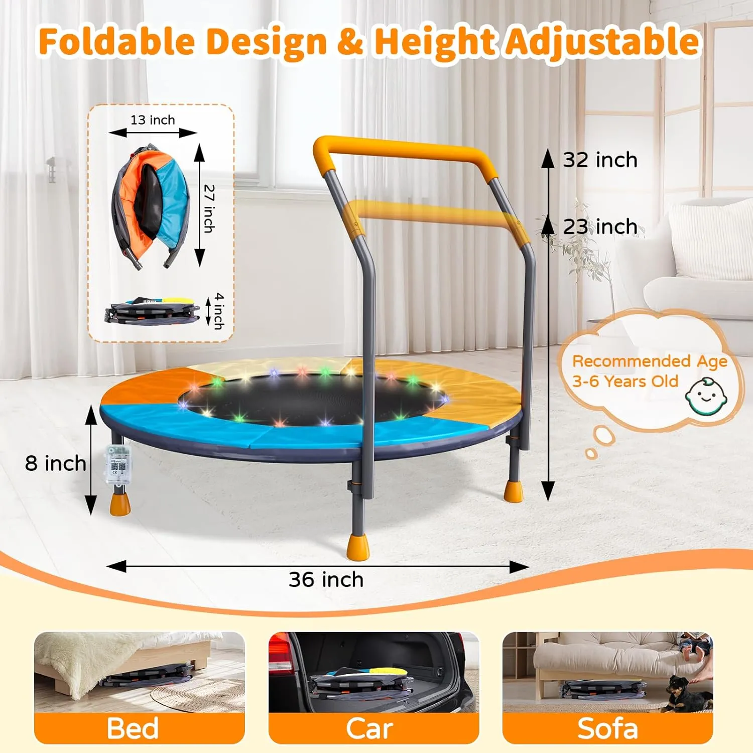 36" Foldable Kids Trampoline with Adjustable Handle Bar | Spring-Free Jumping Mat for Toddlers 1-6 | Indoor/Outdoor Anti-Slip Rubber Feet, Max 100lbs | Safety Bounce Trainer & Birthday Gift (3FT)