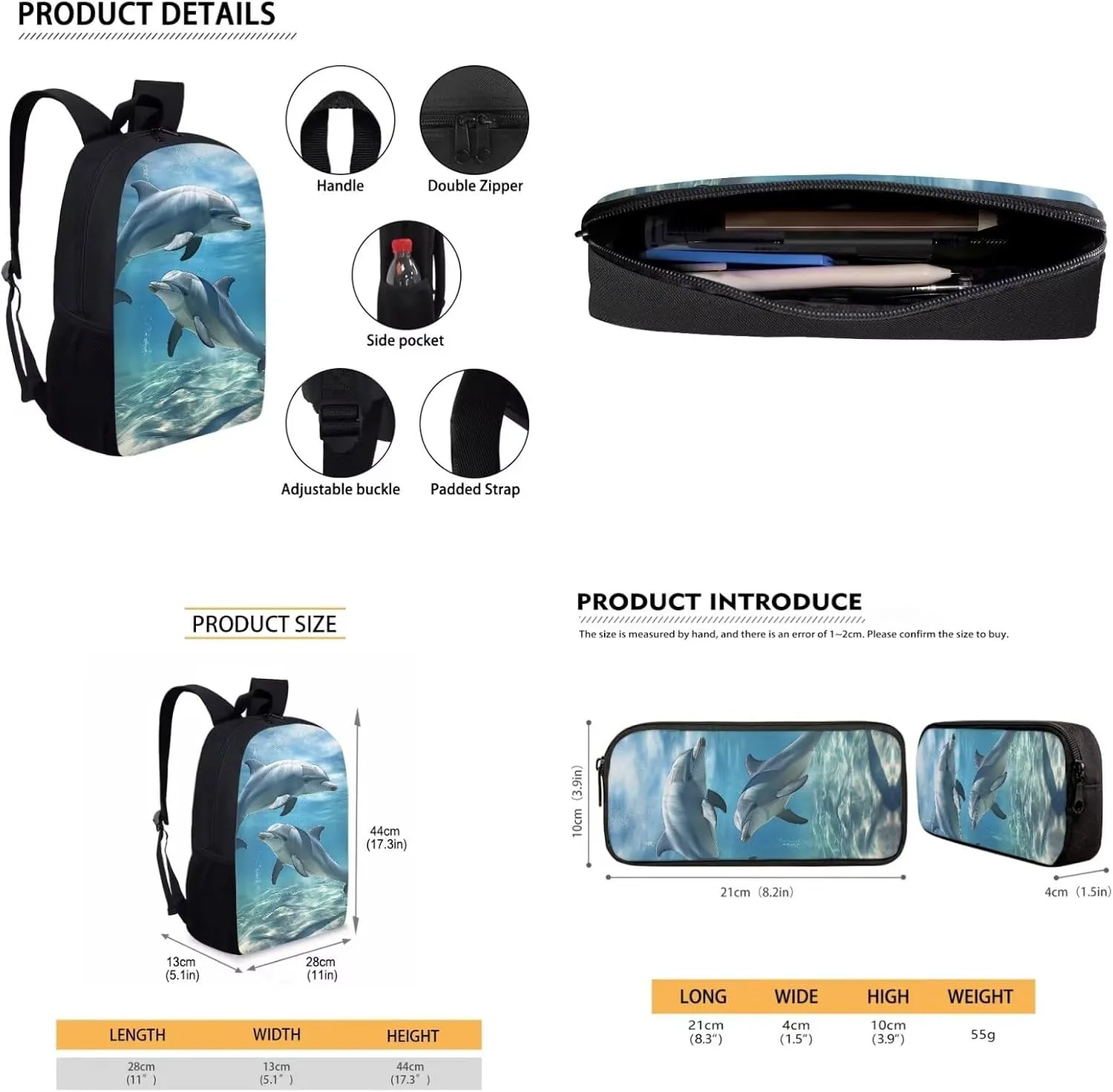 3D Dolphin Backpack for Girls Boys 8-12, 3PCS Kids Bookbag Set 17 Inch School Backpack with Insulated Lunch Box Pencil Bag for Elementary Middle School, Blue