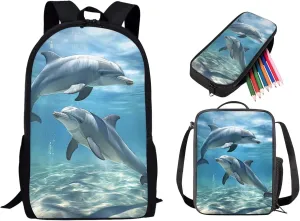 3D Dolphin Backpack for Girls Boys 8-12, 3PCS Kids Bookbag Set 17 Inch School Backpack with Insulated Lunch Box Pencil Bag for Elementary Middle School, Blue