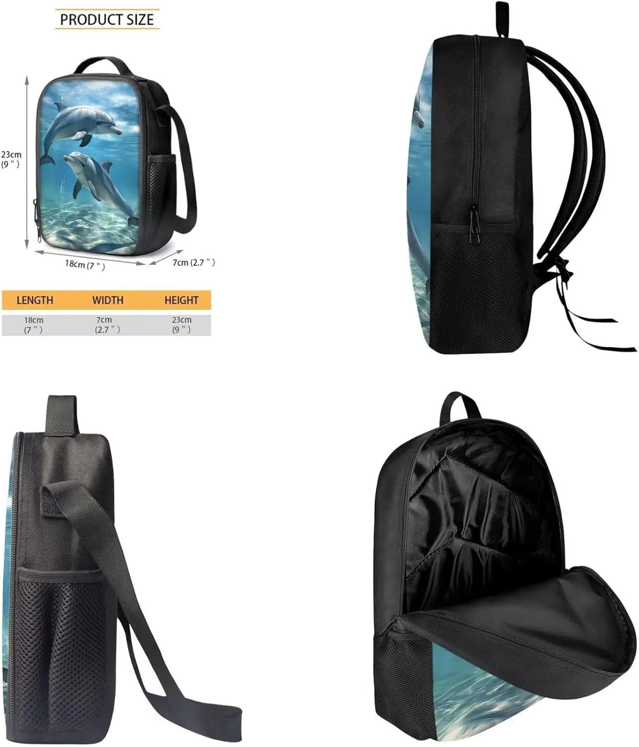 3D Dolphin Backpack for Girls Boys 8-12, 3PCS Kids Bookbag Set 17 Inch School Backpack with Insulated Lunch Box Pencil Bag for Elementary Middle School, Blue