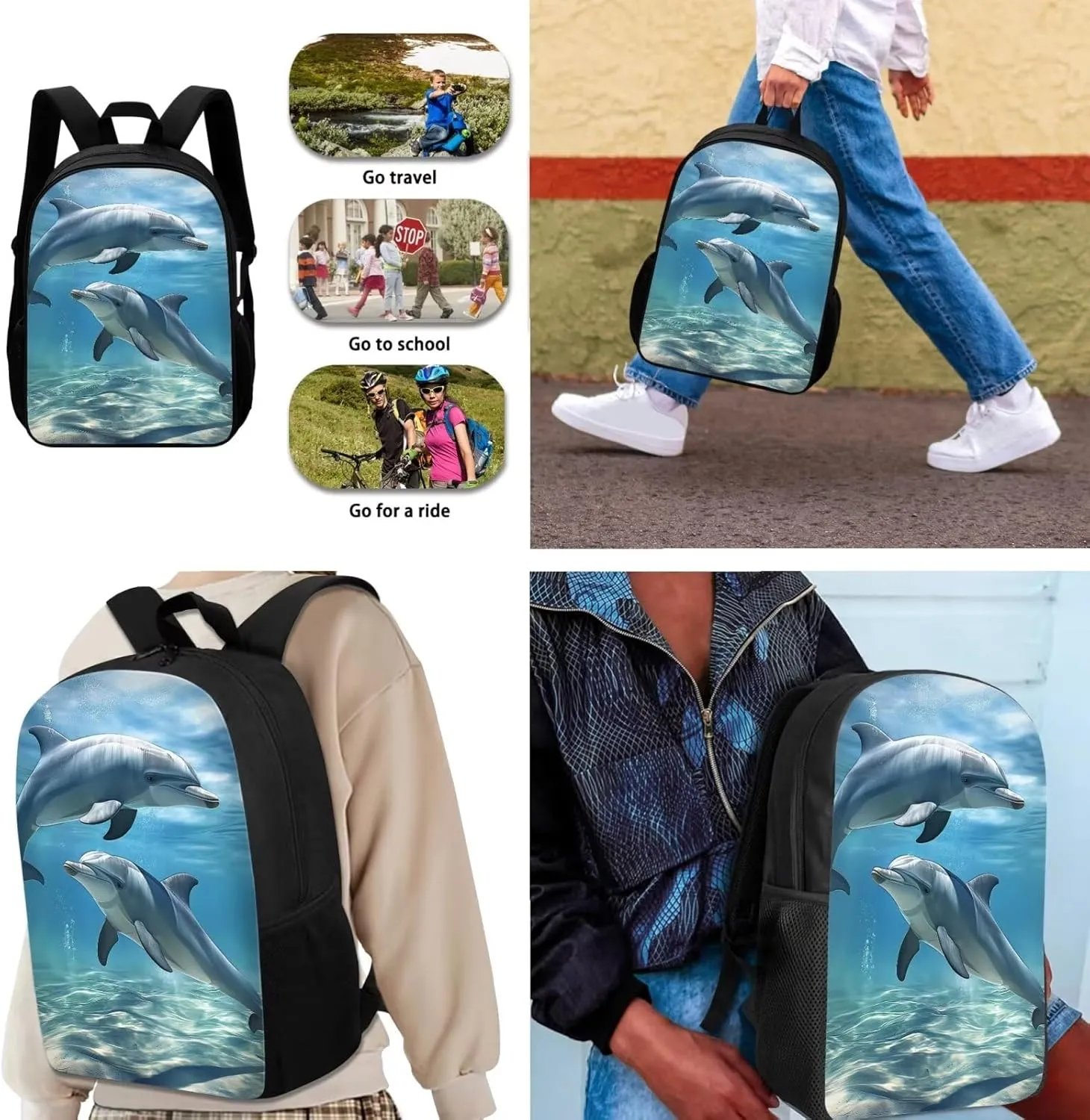 3D Dolphin Backpack for Girls Boys 8-12, 3PCS Kids Bookbag Set 17 Inch School Backpack with Insulated Lunch Box Pencil Bag for Elementary Middle School, Blue