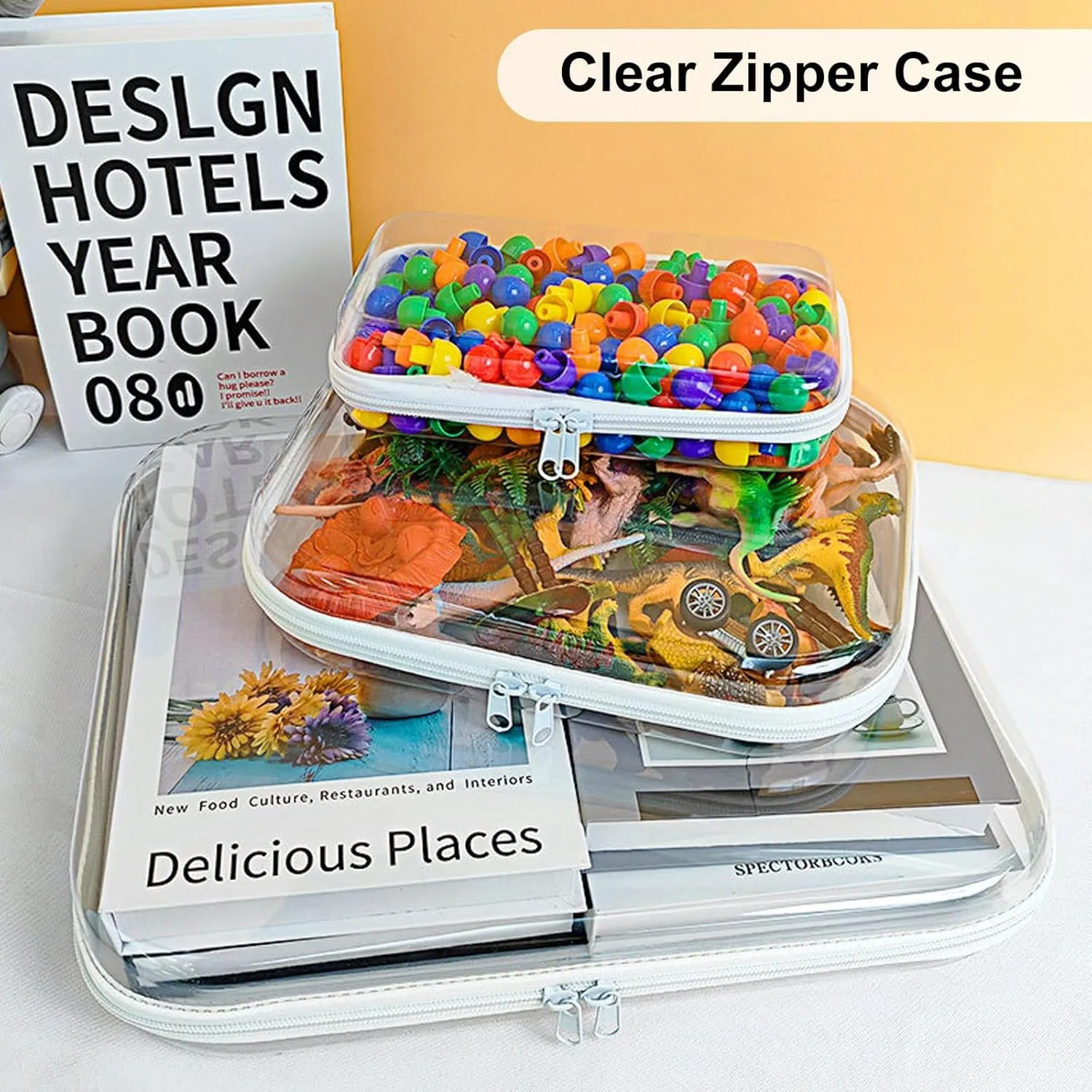 3PCS Clear Hard Shell Zipper Cases, Portable Clear Organizer Pouches for Home Storage, Double Zippered Plastic Travel Case, Cosmetic Bag for Make Up Tools, Toiletries, Toy Storage(White)