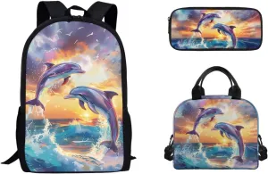 3PCS Dolphin Girls Backpack for School, Kids Backpack for Girls with Lunch Box Pencil Case Set for Teen Girls Elementary Primary Middle High School Bookbag, Purple and Blue
