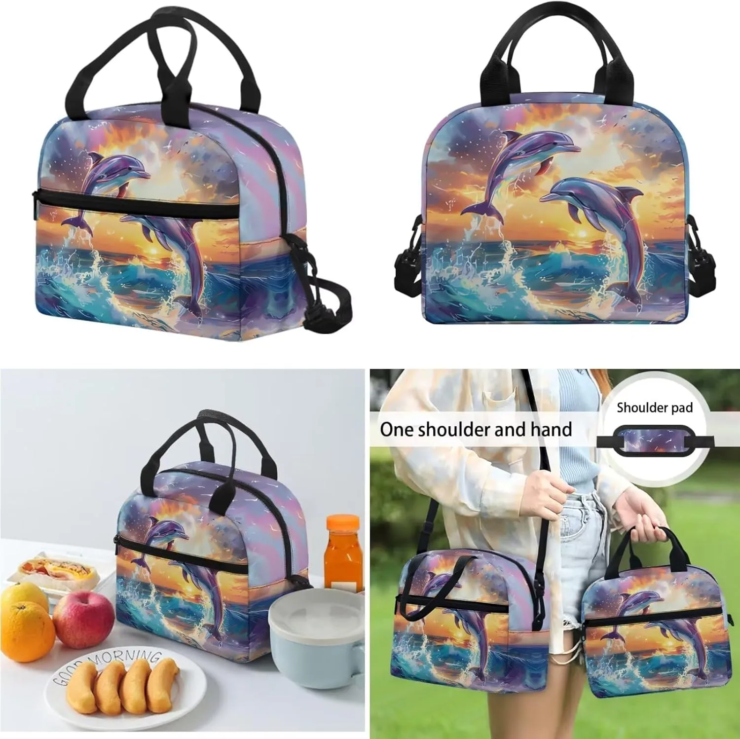 3PCS Dolphin Girls Backpack for School, Kids Backpack for Girls with Lunch Box Pencil Case Set for Teen Girls Elementary Primary Middle High School Bookbag, Purple and Blue