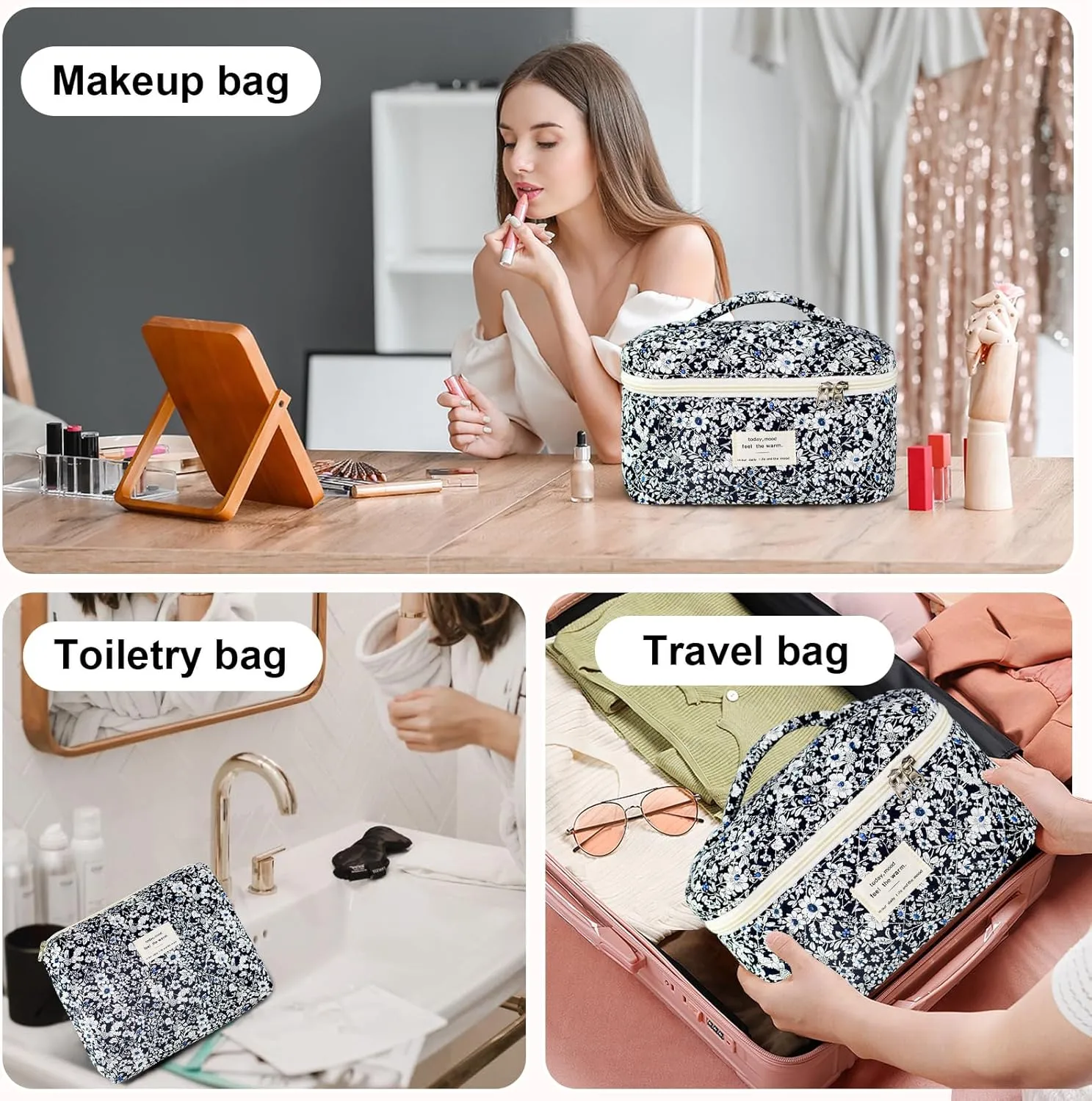 3Pcs Makeup Bag Cotton Quilted Travel Cosmetic Bag Cute Floral Makeup Pouch Large Toiletry Bag for Women Girls (Black Flowers)