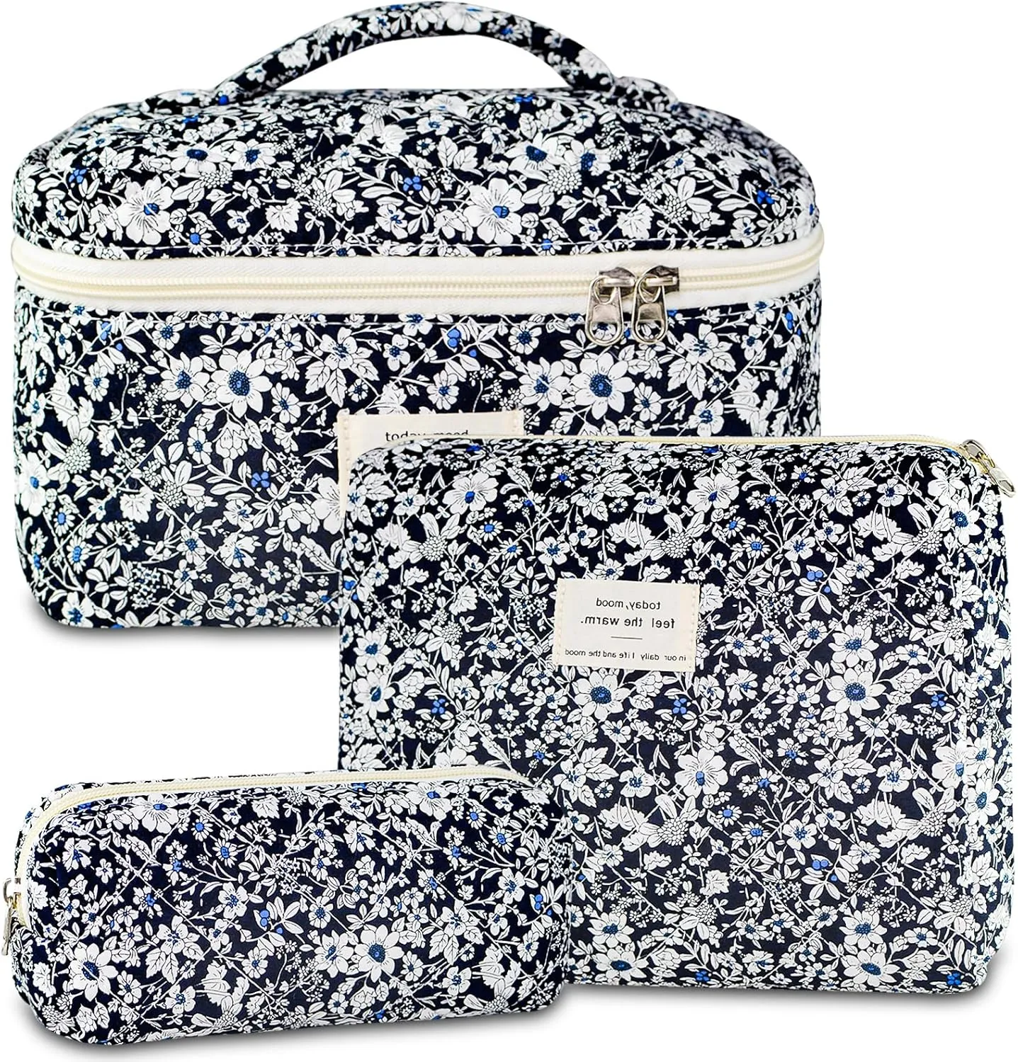 3Pcs Makeup Bag Cotton Quilted Travel Cosmetic Bag Cute Floral Makeup Pouch Large Toiletry Bag for Women Girls (Black Flowers)