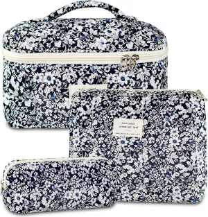 3Pcs Makeup Bag Cotton Quilted Travel Cosmetic Bag Cute Floral Makeup Pouch Large Toiletry Bag for Women Girls (Black Flowers)