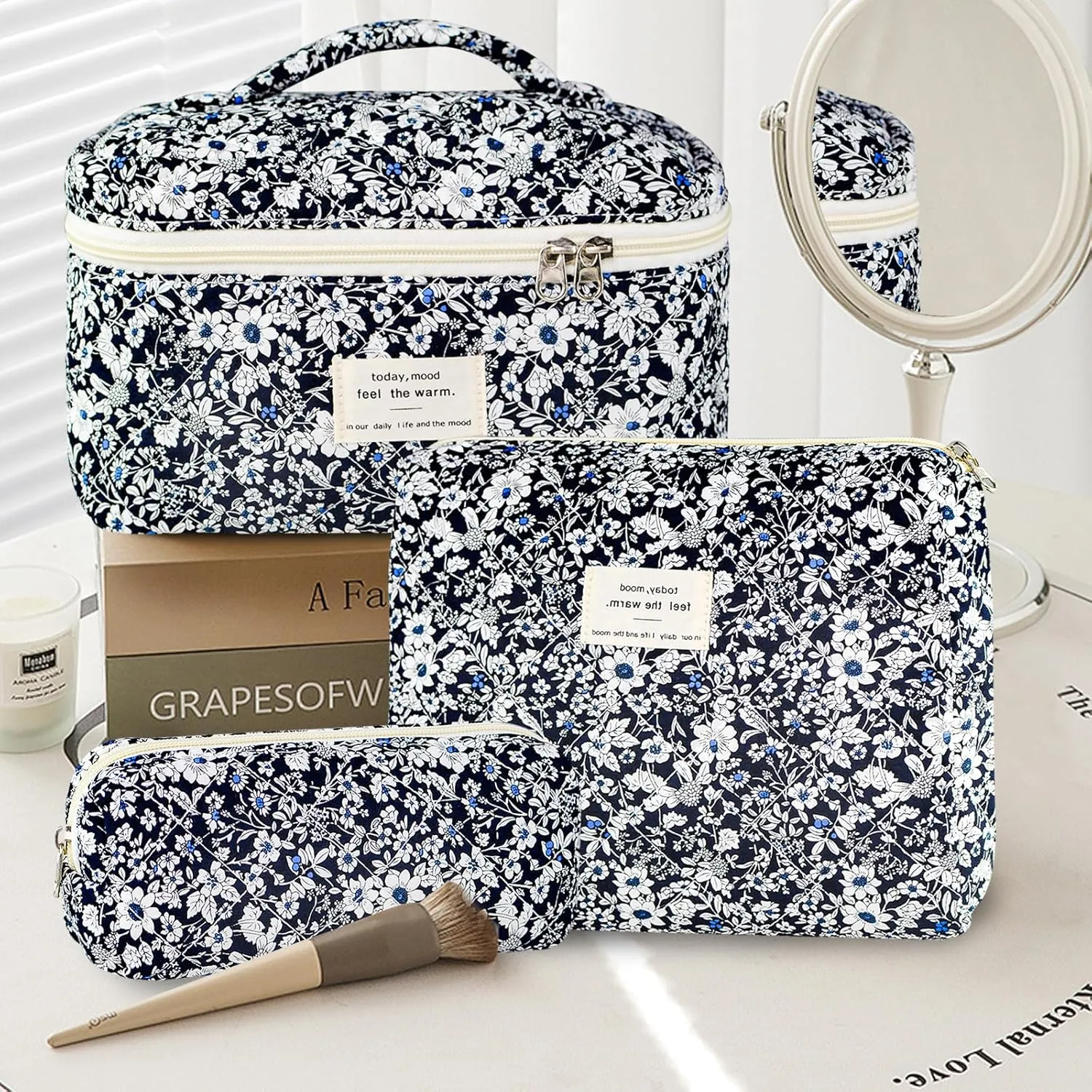 3Pcs Makeup Bag Cotton Quilted Travel Cosmetic Bag Cute Floral Makeup Pouch Large Toiletry Bag for Women Girls (Black Flowers)