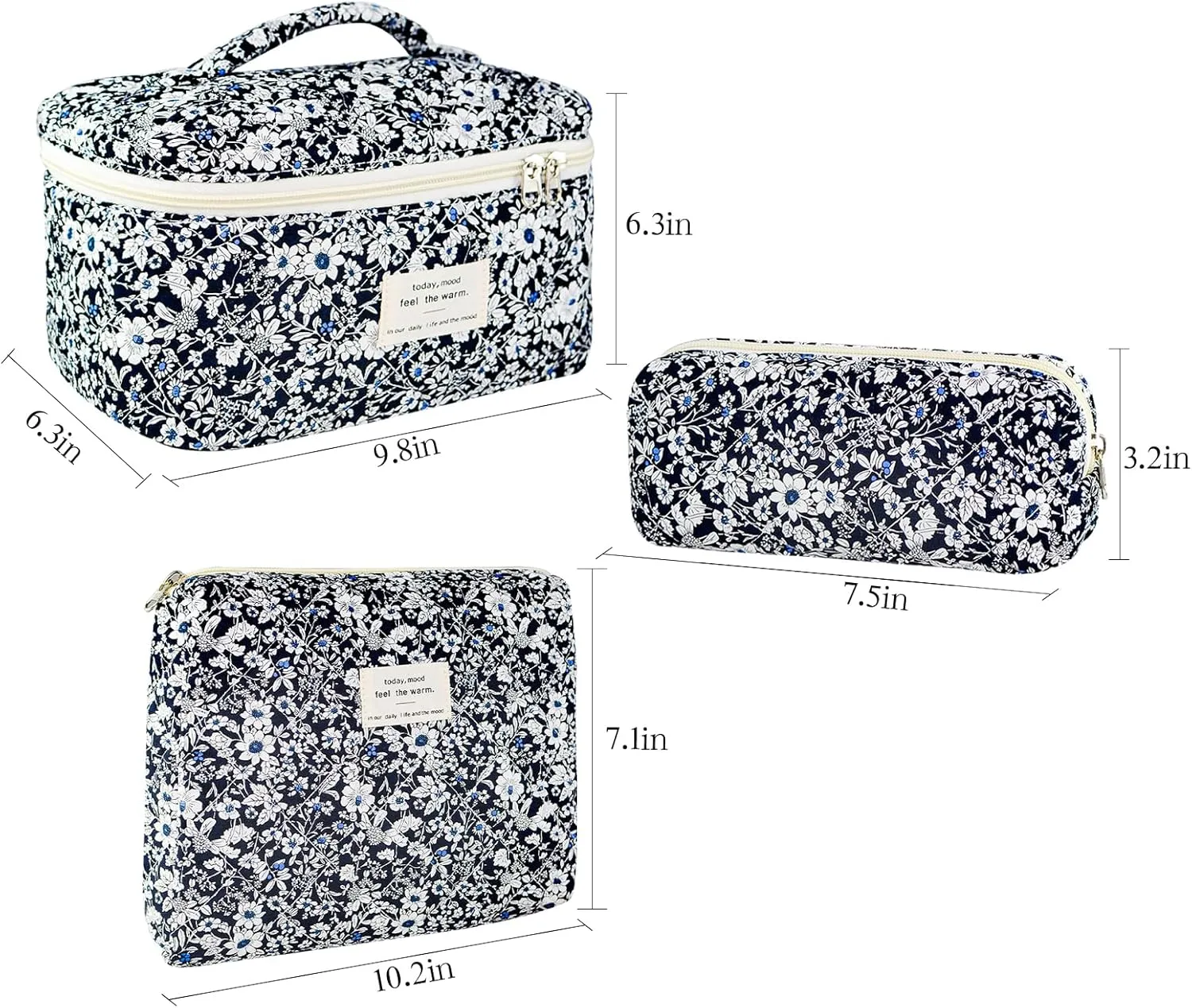3Pcs Makeup Bag Cotton Quilted Travel Cosmetic Bag Cute Floral Makeup Pouch Large Toiletry Bag for Women Girls (Black Flowers)