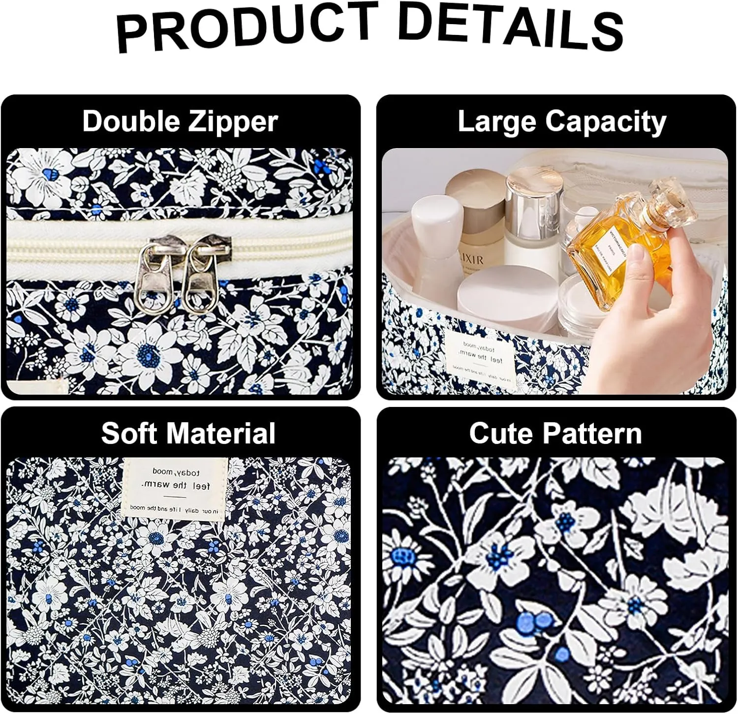 3Pcs Makeup Bag Cotton Quilted Travel Cosmetic Bag Cute Floral Makeup Pouch Large Toiletry Bag for Women Girls (Black Flowers)