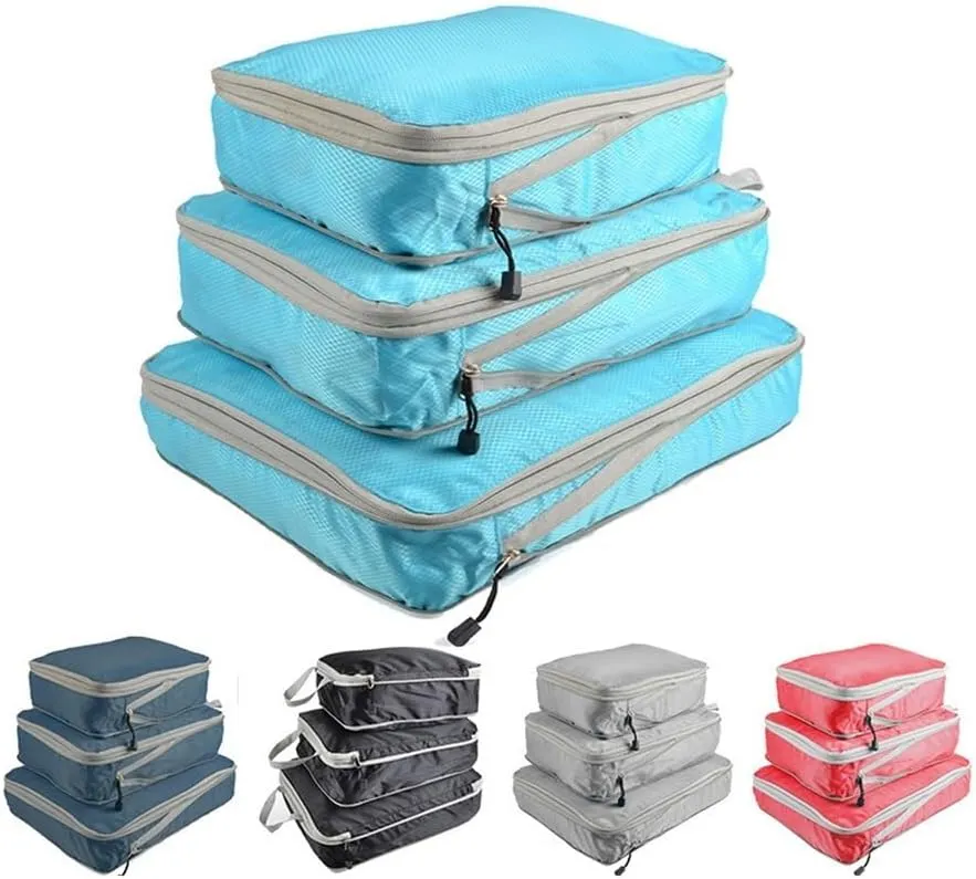 3PCS/set Compressible Packing Travel Organiser Cube Waterproof Suitcase Nylon Luggage Storage Bag Large Capacity Handbag(Red,2SET)