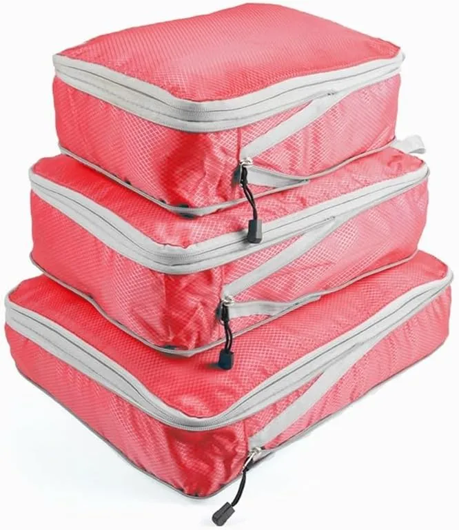 3PCS/set Compressible Packing Travel Organiser Cube Waterproof Suitcase Nylon Luggage Storage Bag Large Capacity Handbag(Red,2SET)