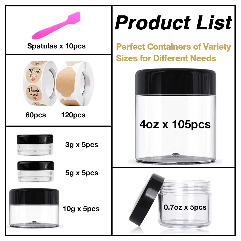 4 oz Plastic Containers with Lids 105pcs Bulk Plastic Jars with Lids   3/5/10/20 Gram 20pcs Sample Containers Travel Jar– Great for Lip Scrub, Body Butters, Cream, Slime, Craft Storage
