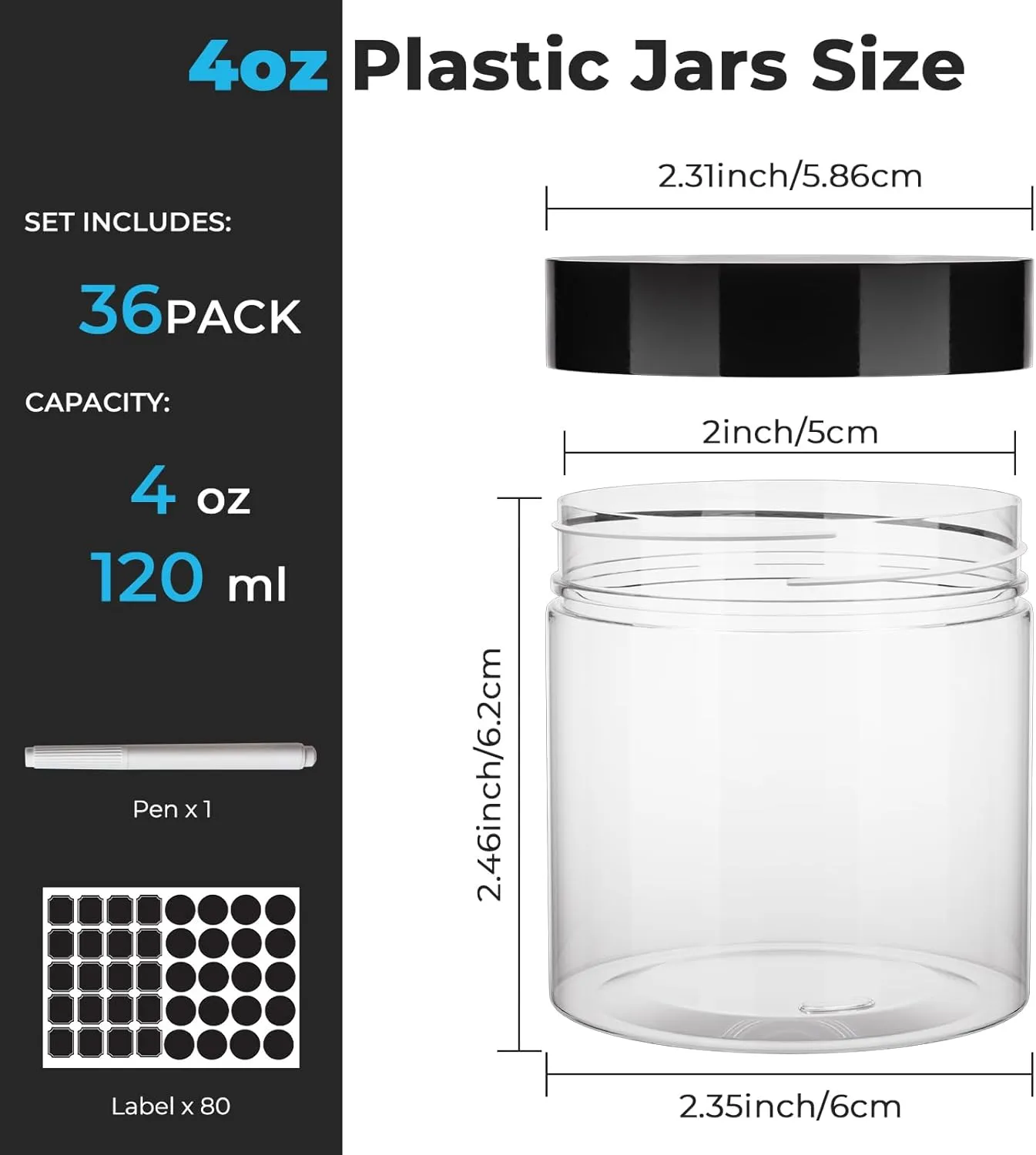 4 oz Plastic Jars with Black Lid,36 Pack Round Cosmetic Containers with Screw Lids,120ml Empty Plastic Slime Jar for Cream,Ointments,Food Storage,Crtafts