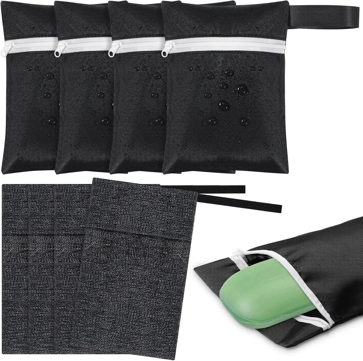 4 Pcs Travel Soap Bar Bag Waterproof & Leakproof Soap Dish Case with 4 Pcs Foaming Nets Multifunctional Toiletry Shower Gym Essentials Quick Dry Pouch for Camping Enthusiasts(Black)