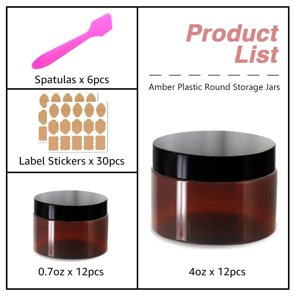 4oz Plastic Jars with Lids 4 oz Amber Plastic Containers with Lids   20g Sample Containers (Set of 24) Airtight Container for Lip Scrub, Body Butters, Cream, Slime, Craft Storage