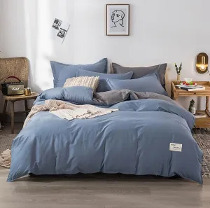 4pcs 100% Washed Cotton Twill Thick Quilt Cover Full Size,Solid Color Soft Reversible Quilt Cover with Zipper Closure&Corner Ties,Fitted Bed Sheet Bedding(Blue B,Twin XL)