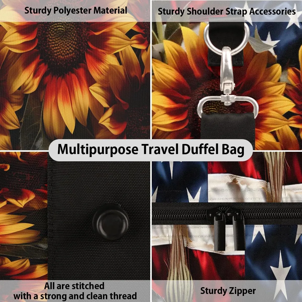 4th of July Sunflower Pattern Travel Duffel Bag for Women Men Waterproof Foldable Overnight Weekender Bag Large Capacity Sports Gym Bag