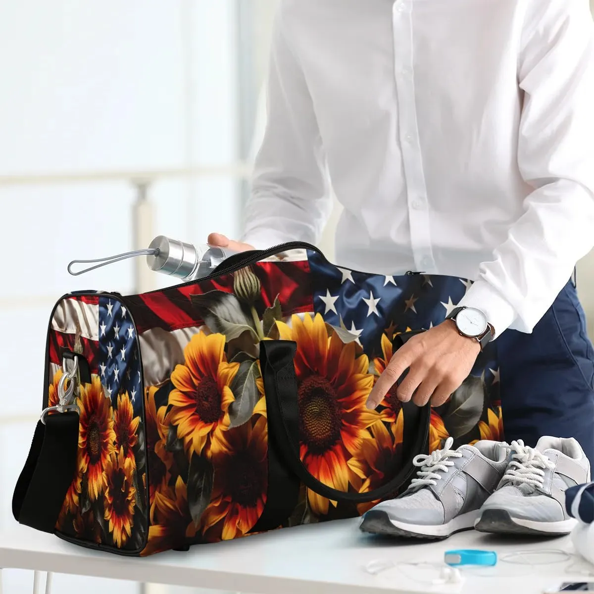 4th of July Sunflower Pattern Travel Duffel Bag for Women Men Waterproof Foldable Overnight Weekender Bag Large Capacity Sports Gym Bag