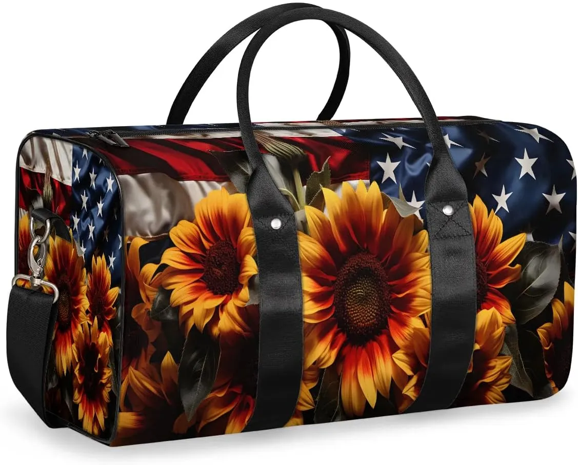 4th of July Sunflower Pattern Travel Duffel Bag for Women Men Waterproof Foldable Overnight Weekender Bag Large Capacity Sports Gym Bag