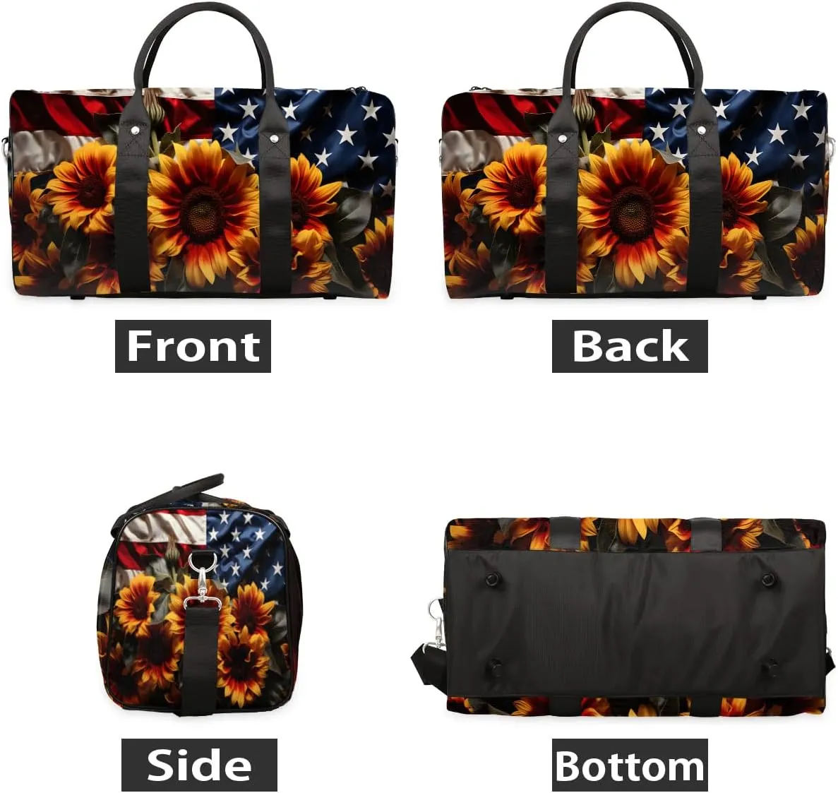 4th of July Sunflower Pattern Travel Duffel Bag for Women Men Waterproof Foldable Overnight Weekender Bag Large Capacity Sports Gym Bag