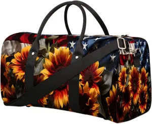 4th of July Sunflower Pattern Travel Duffel Bag for Women Men Waterproof Foldable Overnight Weekender Bag Large Capacity Sports Gym Bag