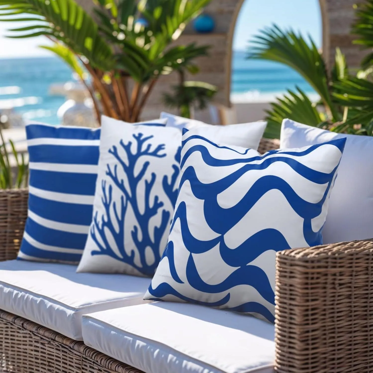 5-Pack Coastal Outdoor Throw Pillow Covers 18x18 – Waterproof, UV-Protected, Fade-Resistant Pillow Cases with Hidden Zipper, Vibrant Blue and White Nautical Designs for Patio, Porch, or Garden