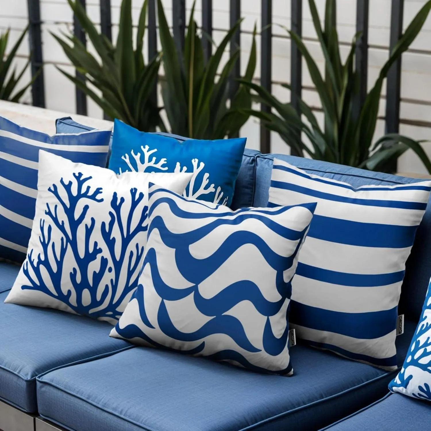 5-Pack Coastal Outdoor Throw Pillow Covers 18x18 – Waterproof, UV-Protected, Fade-Resistant Pillow Cases with Hidden Zipper, Vibrant Blue and White Nautical Designs for Patio, Porch, or Garden