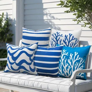 5-Pack Coastal Outdoor Throw Pillow Covers 18x18 – Waterproof, UV-Protected, Fade-Resistant Pillow Cases with Hidden Zipper, Vibrant Blue and White Nautical Designs for Patio, Porch, or Garden
