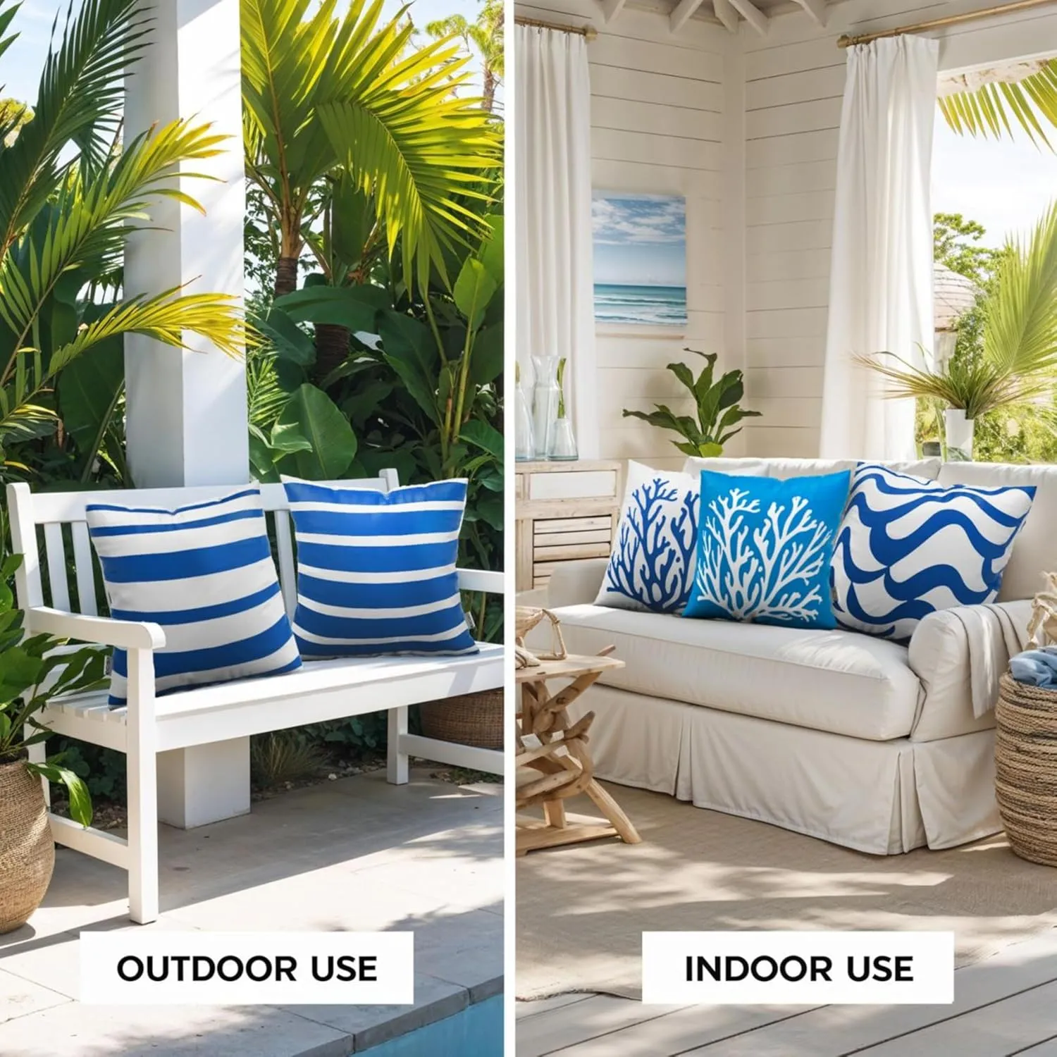 5-Pack Coastal Outdoor Throw Pillow Covers 18x18 – Waterproof, UV-Protected, Fade-Resistant Pillow Cases with Hidden Zipper, Vibrant Blue and White Nautical Designs for Patio, Porch, or Garden