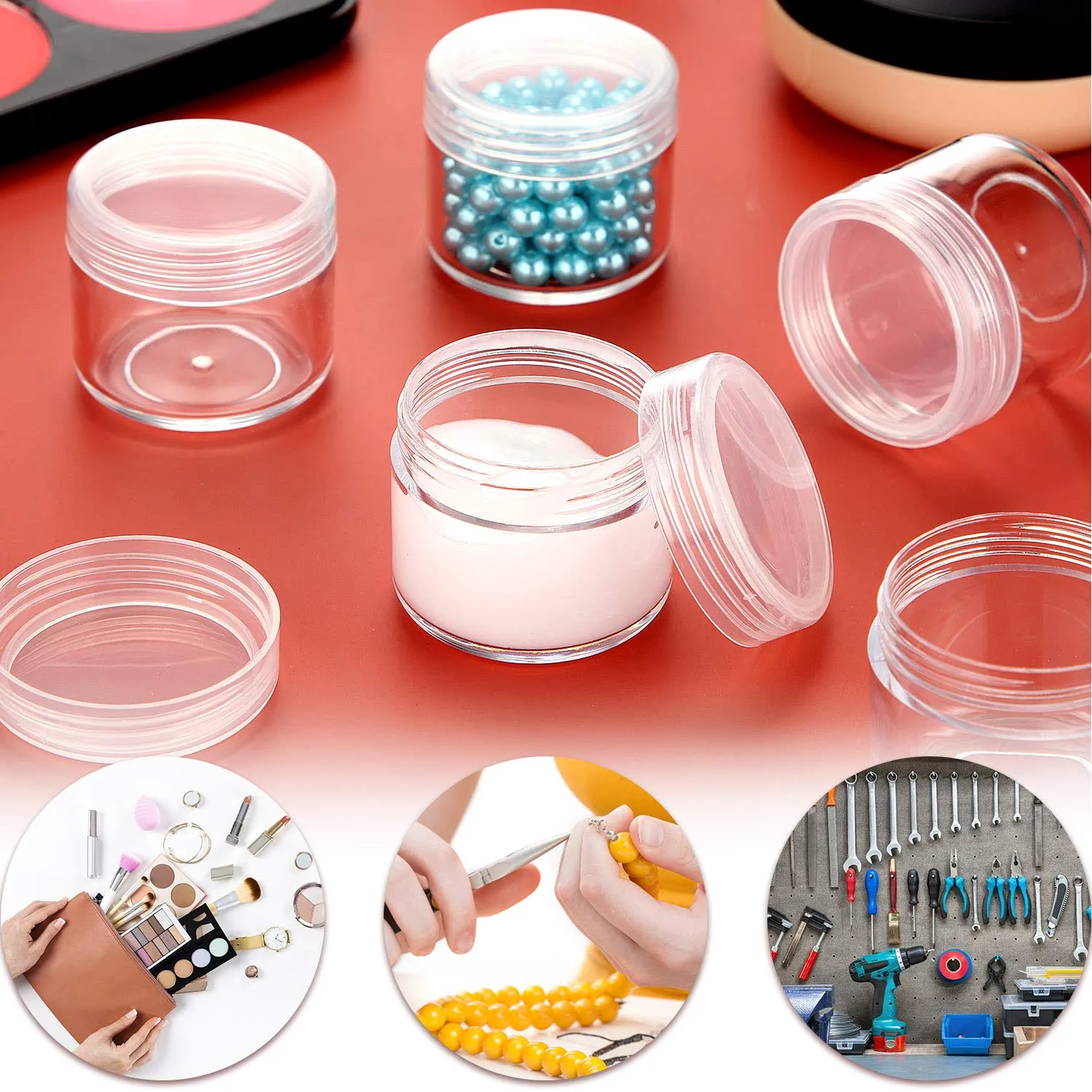 50 Pieces 20g Empty Clear Plastic Pot Jars with Lids Round Cosmetic Sample Containers Mini Travel Jars for Storage of Creams Lipsticks Ear Studs