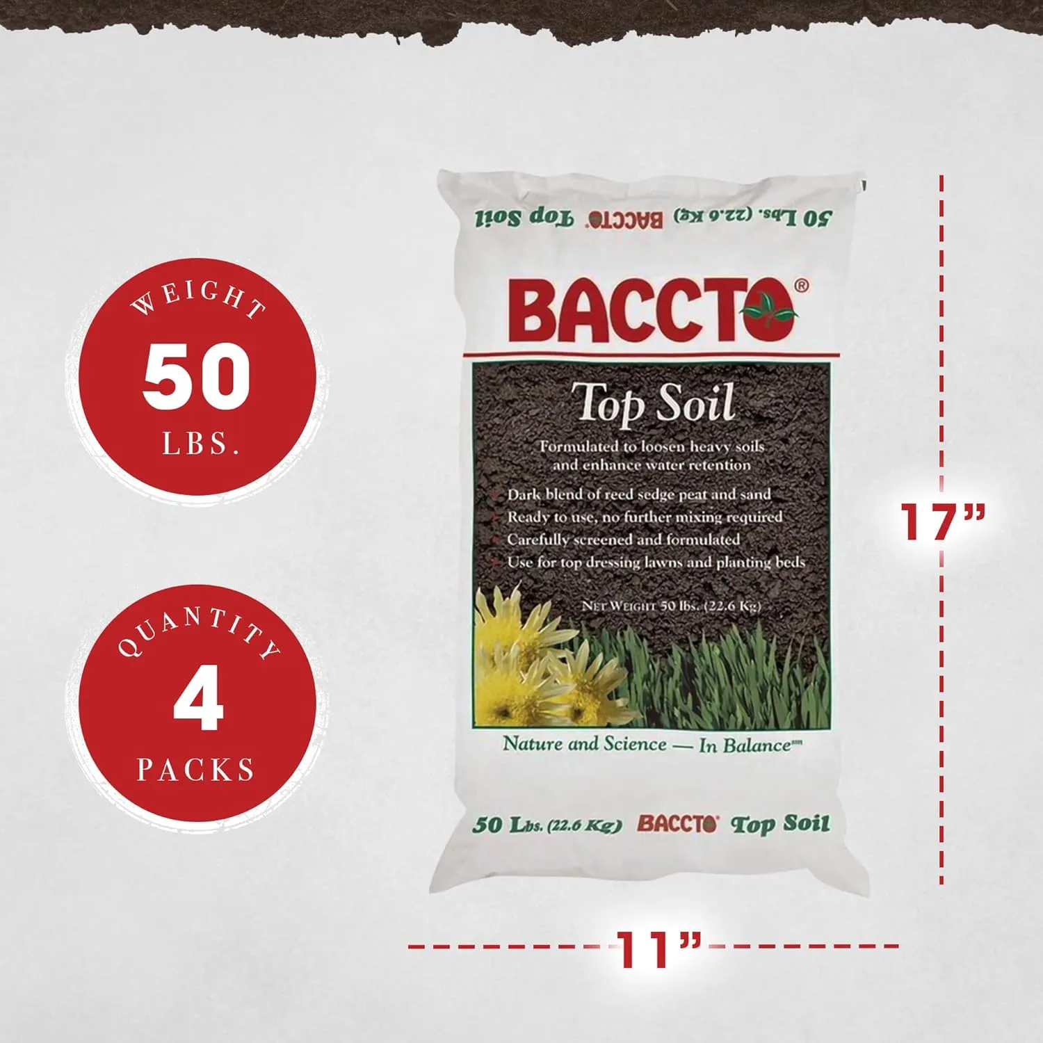50 Pound Baccto Top Soil for Lawns, Gardens, and Raised Planting Beds with Reed Sedge, Peat, and Sand, (4 Pack)