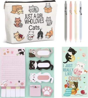 6 Pcs Cute Cat Stationery Set Pens Sticky Notes Makeup Bag Pencil Pouch for Girls Women Cat Lovers Gifts School Office Supplies