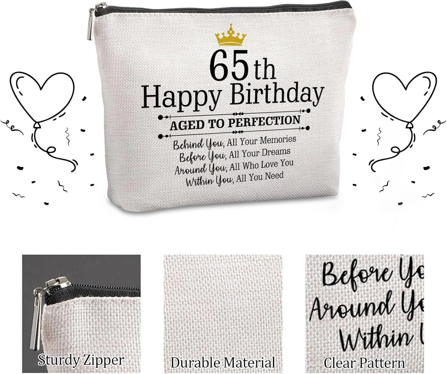 65th Birthday Gift: Travel Zipper Makeup Bag for Women - Mom, Grandmother, Aunt, Friend