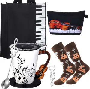 7 Pieces Music Teacher Appreciation Gift Set Include Ceramic Music Coffee Mug Piano Handbag Sock Cosmetic Bag Guitar Bottle Opener Spoon Insulated Coaster for Art Lover(Guitar Style 2)
