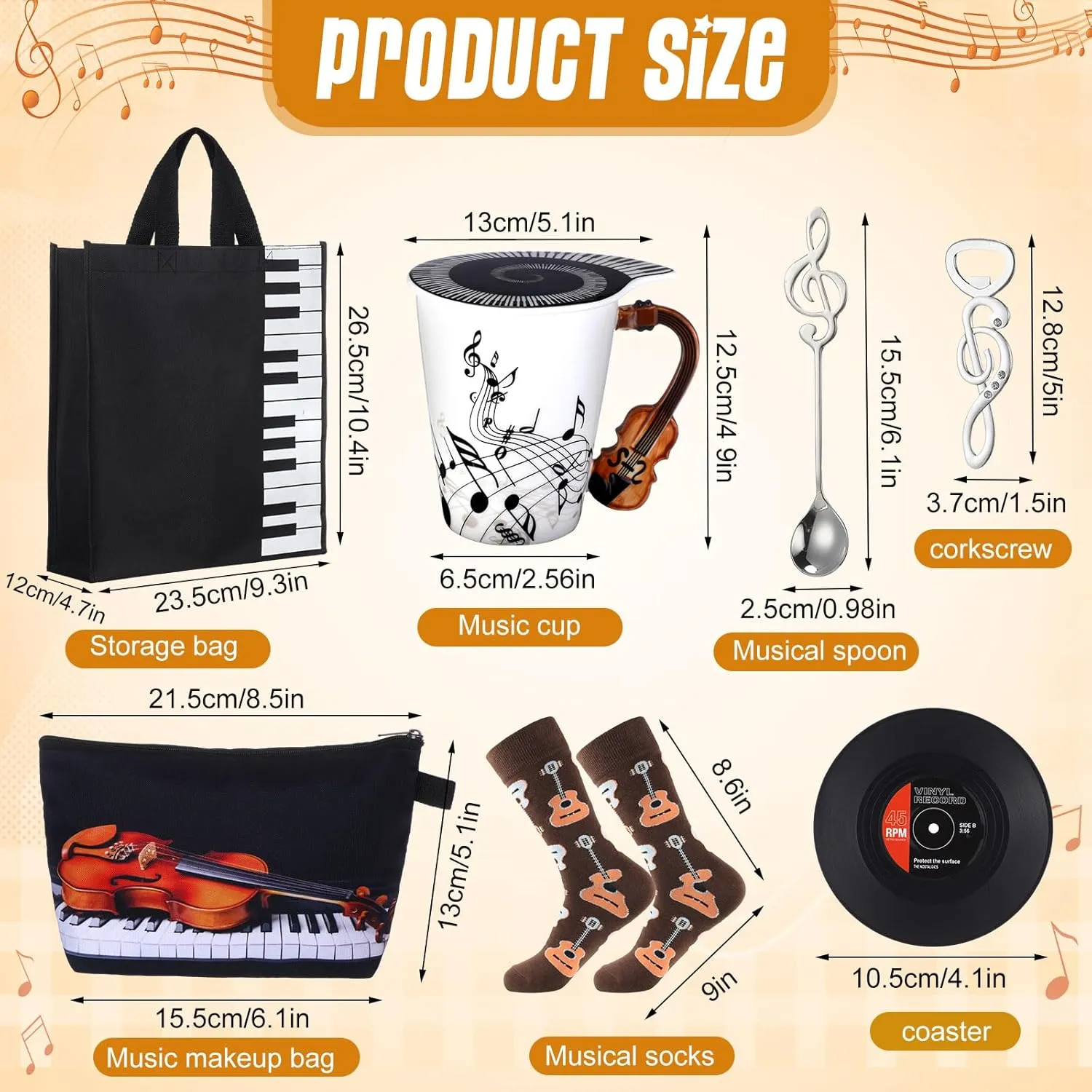 7 Pieces Music Teacher Appreciation Gift Set Include Ceramic Music Coffee Mug Piano Handbag Sock Cosmetic Bag Guitar Bottle Opener Spoon Insulated Coaster for Art Lover(Guitar Style 2)