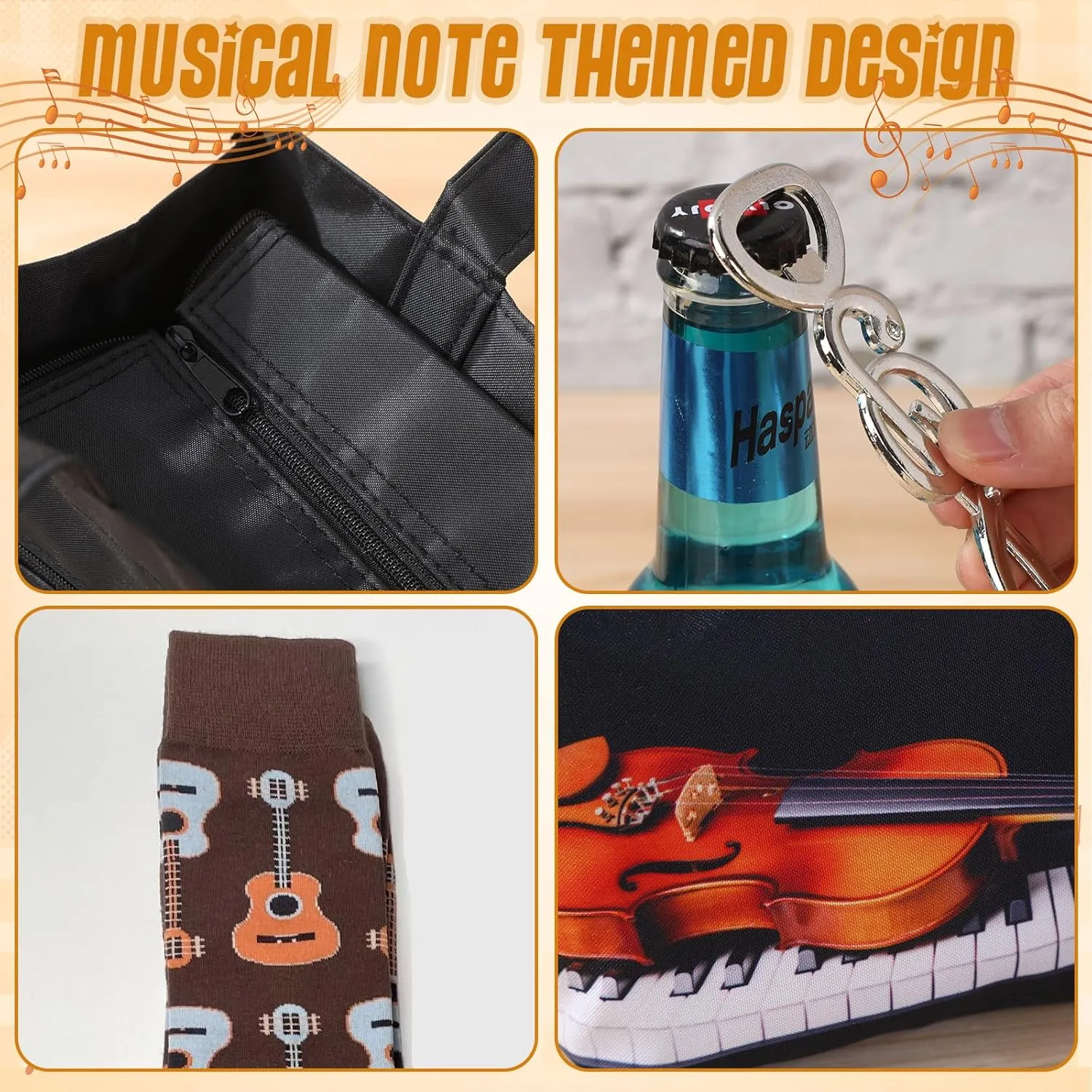 7 Pieces Music Teacher Appreciation Gift Set Include Ceramic Music Coffee Mug Piano Handbag Sock Cosmetic Bag Guitar Bottle Opener Spoon Insulated Coaster for Art Lover(Guitar Style 2)