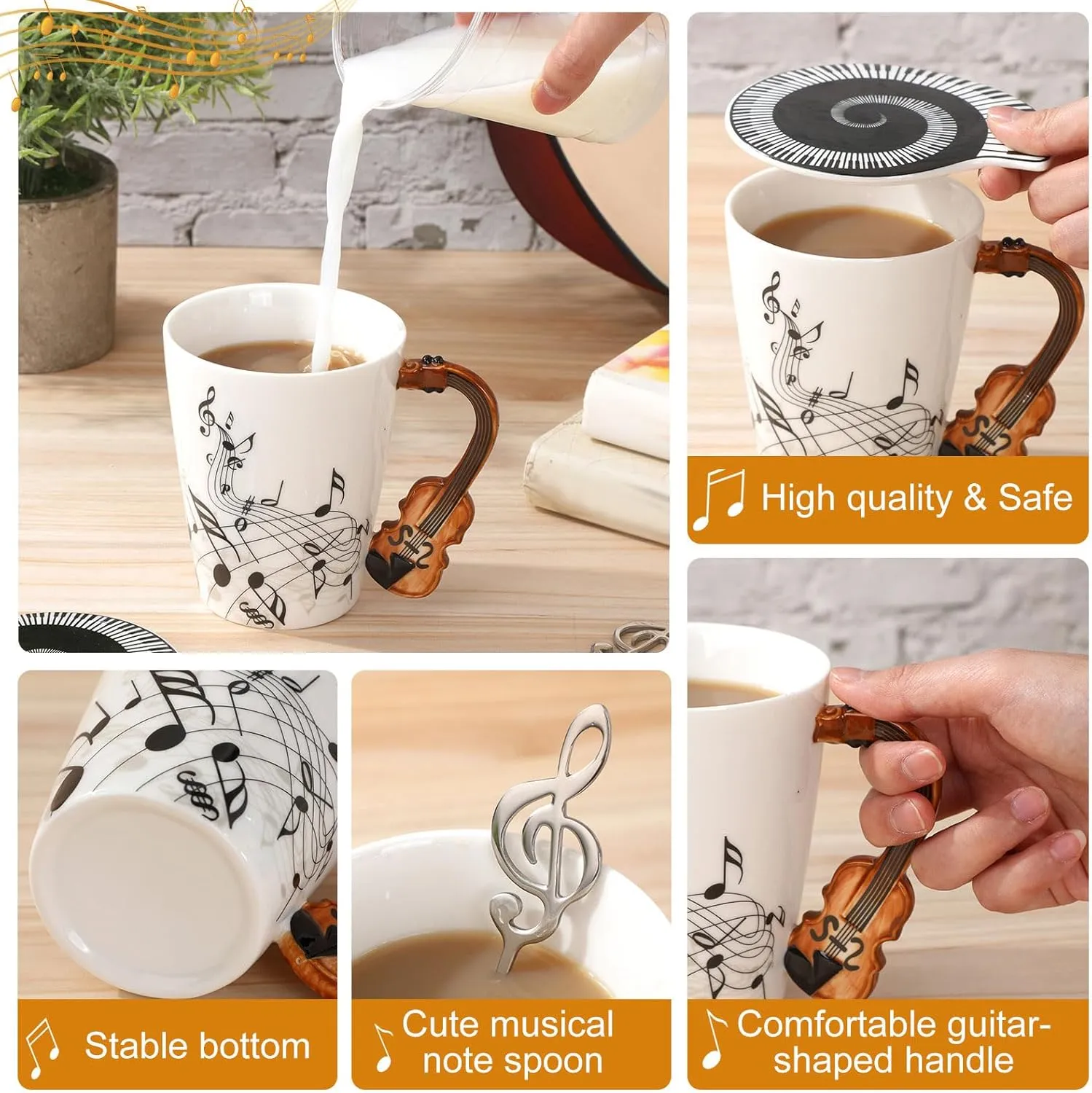 7 Pieces Music Teacher Appreciation Gift Set Include Ceramic Music Coffee Mug Piano Handbag Sock Cosmetic Bag Guitar Bottle Opener Spoon Insulated Coaster for Art Lover(Guitar Style 2)