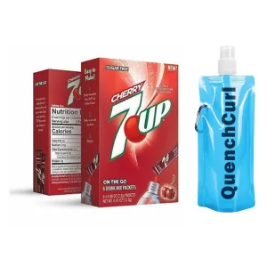 7 Up Drink Sticks Low-Calorie | 8 Singles to Go | Pack of 2 with QuenchCurl Collapsible Water Bottle | Convenient, Portable, & Delicious Hydration Solution - Cherry