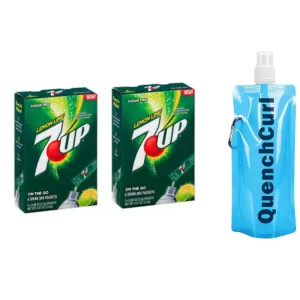 7 Up Drink Sticks Low-Calorie | 8 Singles to Go | Pack of 2 with QuenchCurl Collapsible Water Bottle | Convenient, Portable, & Delicious Hydration Solution - Lemon Lime
