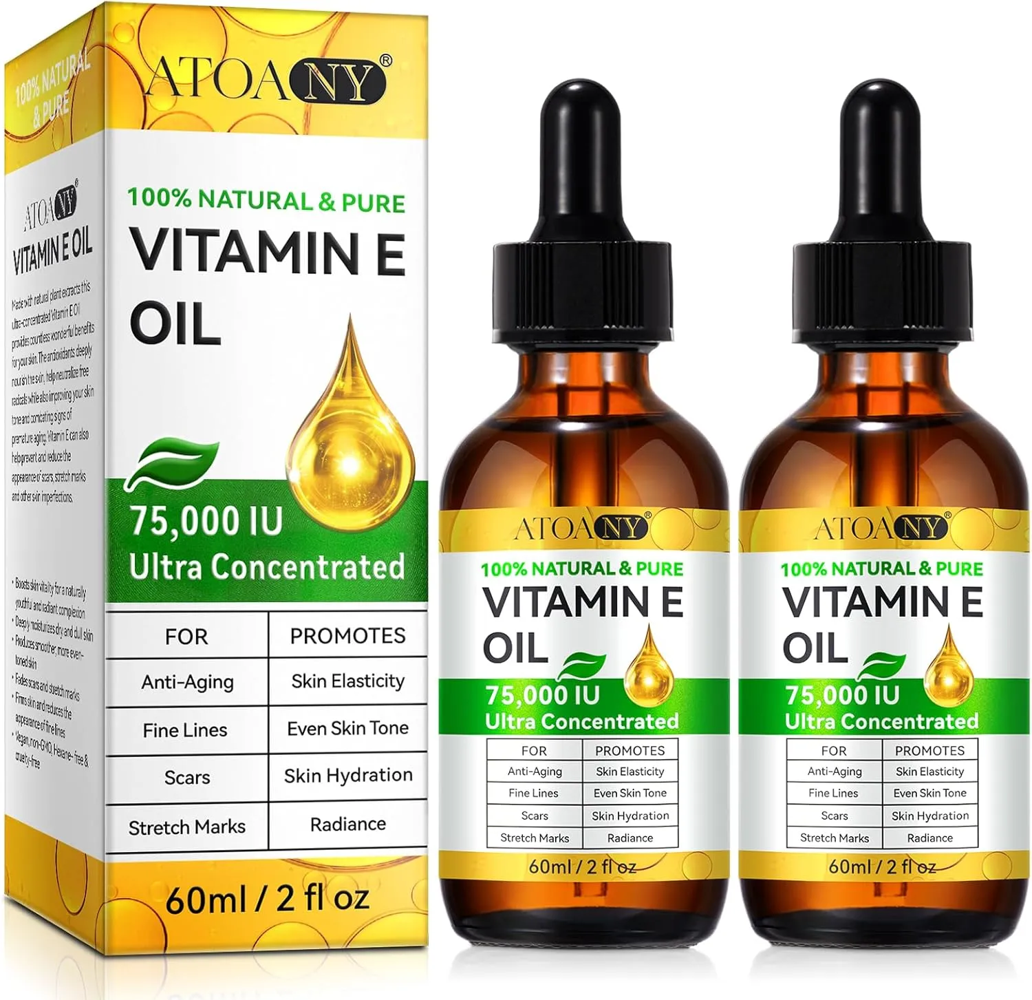75,000 IU Ultra Pure Vitamin E Oil for Face, Vitamin E Oil for Skin Care 2 Packs