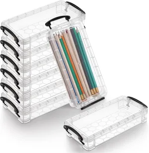 8Pack Clear Pencil Box Plastic Storage Containers with Latching Lids Stackable Office Supplies Organizer for Gel Pens Erasers Crafts Markers Crayon