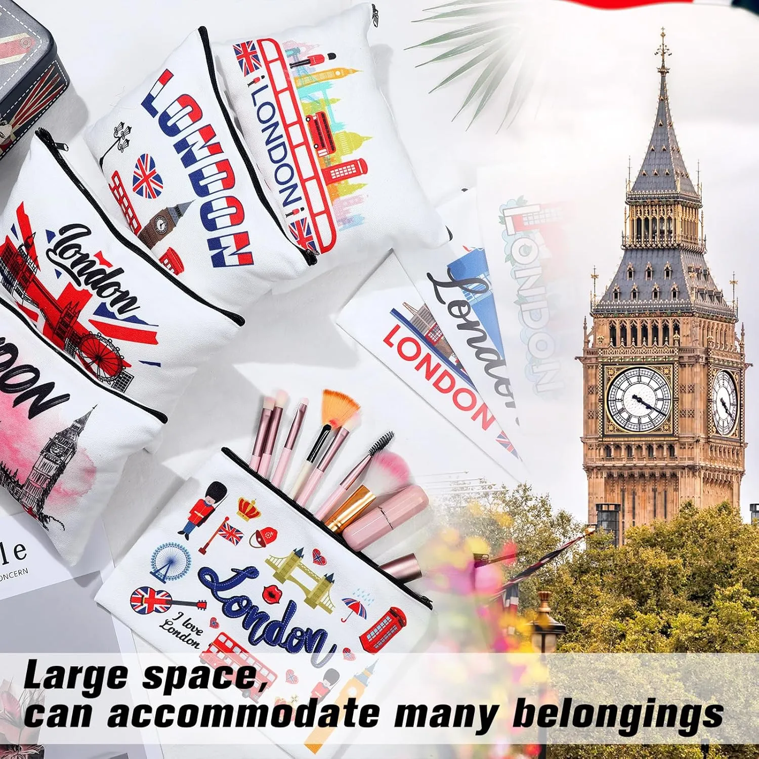 9 Pcs London Cosmetic Bag New York Souvenir Zipper Pouch Los Angeles Souvenir Gifts Italy Paris Broadway Alaska Makeup Purse for Girls Women Traveler Birthday Christmas Party Favors